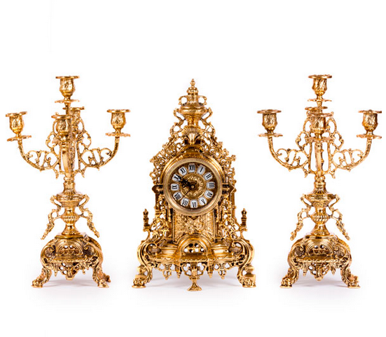 Набор часы каминные "Возрождение" 41см с двумя канделябрами на 5 свечей (бронза, золото) Испания