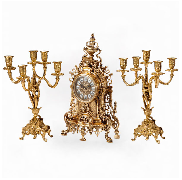 Набор часы каминные "Возрождение" с двумя канделябрами на 5 свечей (бронза, золото) Испания