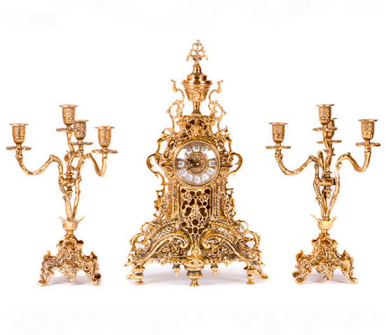 Набор часы каминные "Ренессанс" с двумя канделябрами на 4 свечи (бронза, золото) Испания