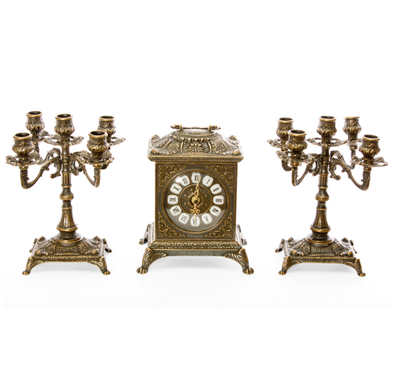 Часы каминные "Ларец" 23х18,5х14,5см с канделябрами на 5 свечей "Лориньян" 24см (латунь, антик) Италия