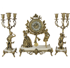 Часы каминные с маятником &quot;На балу&quot; с канделябрами на 5 свечей (бронза, мрамор, золото) Португалия